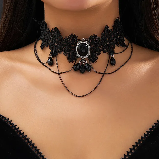 Dazgirl vintage water drop necklace collar lace black
