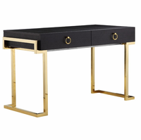 Bureau d'écriture noir et or avec deux tiroirs, bureau d'ordinateur moderne de luxe, structure en acier inoxydable doré, mobilier de bureau à domicile
