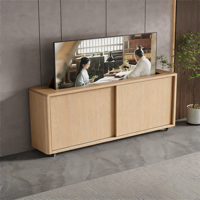 Meuble TV électrique moderne en bois massif avec rangement dissimulé et porte coulissante pour salon, mécanisme de levage électrique intégré