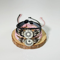 Bracelet tressé multi-couches rétro fait main en alliage de pierre naturelle, motif soleil et lune, lumineux, pour homme et femme, vente en gros