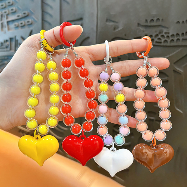 Y2K Candy Beaded Phone Strap with Heart Charm Cute Wrist Lanyard for Girls Backpack