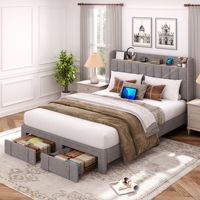 Tempat Tidur Modern Custom yang Dapat Disesuaikan, Dilengkapi Pelapis Kain, Paku Hias, Pengisian Daya USB, Rak Penyimpanan, Laci, Alas Tempat Tidur, Sudah Terpasang