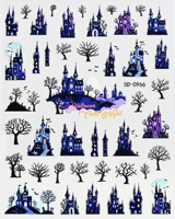 Autocollants 5D Halloween pour ongles, motif château violet, chauve-souris, lune, arbre, décorations auto-adhésives pour manucure gothique étoilée