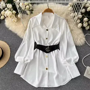 一码独特系带束腰连衣裙秋季高级定制和惊艳气质长袖白色衬衫裙