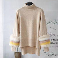 Pull d'hiver pour femme à manches longues en tricot avec bordure en fourrure de renard, haut chaud et tendance