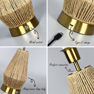 Lámpara de Mesa de Ratán Recargable con Cuerda de Cáñamo Tejida Estilo Vintage para Sala de Estar de Villa, Luz Decorativa de Lujo para Mesita de Noche - Product Image 4