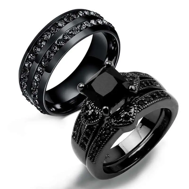 Wdr012 Paar Ring Bruids Sets Zijn Haar Vrouwen 18K Zwart Diamant Vergulde Cz Mannen Titanium Staal Bruiloft Verlovingsring Band Set