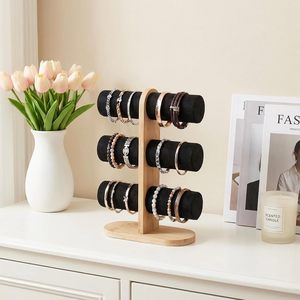 Nouveau Présentoir à 3 Niveaux en Bambou et Velours Noir/Cuir Anti-Poussière pour Bracelets, Montres, Épingles à Cheveux, Cordons et Bijoux - Product Image 1