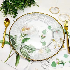 Gran oferta, platos decorativos transparentes redondos de lujo para postres de boda, cargador de cristal, plato de cena de 13 pulgadas con borde dorado - Product Image 4