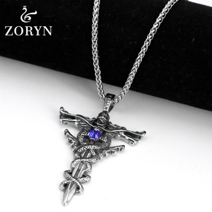 Pendentif Épée Double Dragon en Acier Inoxydable avec Incrustation de Zircon Bleu, Bijou de Mode Gothique Punk Vintage en Acier Titane pour Hommes - Product Image 2