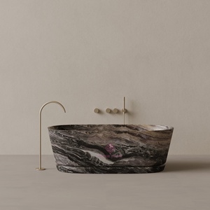 Designer <strong>LIGHT</strong> EMPERADOR Oval Stone <strong>Bathtub</strong> with Intricate Carved Linear Accents and Smooth Surface <strong>for</strong> a Luxurious Bathroom - Product Image 6
