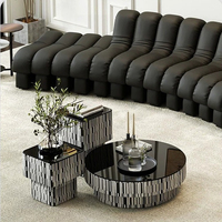 Table basse minimaliste moderne à rayures noires et blanches avec placage en bois et combinaison de table basse en verre trempé