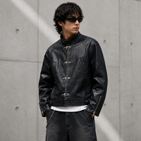Blouson en cuir PU ciré vintage personnalisé, style aviateur, avec boucle à clip, coupe courte, style motard, streetwear, coupe oversize, manteau de moto