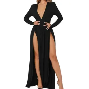 Лидер продаж 2022, черное сексуальное женское длинное платье с глубоким V-образным вырезом и длинным рукавом