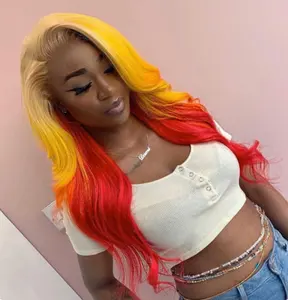 New Arrival Rainbow Colorful Wig Supplier Yellow Red Long Straight Brazilian Cuticle Aligned Human Hair Lace Front Wigs