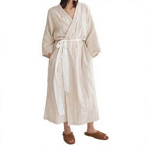 <b>Women</b> Striped Linen Cotton Full Length <b>Robe</b> V Neck Long Sleeve Casual Soft Woven Bathrobe Linen Manufacturer Supplier - Product Image 5