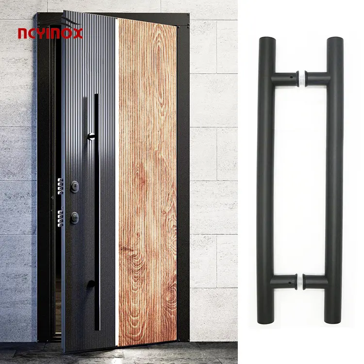 D forma barra redonda madeira porta alças alumínio frente principal porta aço inoxidável preto puxar porta de vidro