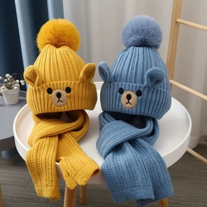 Bear Knitted Pom Winter <strong>Beanie</strong> Hat Knitted Hat Scarf Two-piece Set Keep Warm Outdoors in Winter Cute Pullover Hatthermal - Product Image 2