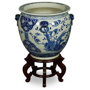 15.5 Inch Blue and White <strong>Porcelain</strong> Bird and Flower Chinese <strong>Fishbowl</strong> Planter Pot - Product Image 1