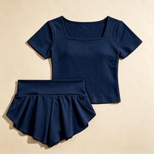 Ensemble 2 pièces OEM pour filles de 13 <span class=keywords><strong>ans</strong></span> : <span class=keywords><strong>Crop</strong></span> <span class=keywords><strong>Top</strong></span>/T-shirt à manches courtes et jupe en coton extensible respirant – Tenue décontractée de danse – Vente en gros - Product Image 6