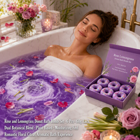 Coffret de 6 bombes de bain personnalisées en forme de donut, parfum rose et citronnelle, 60g, hydratantes et aromatiques, avec motif tourbillon nuage violet, en boîte cadeau OEM