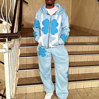 Patch brodé Streetwear Flare et ensemble de sweat à capuche Sun Fade Acid Wash survêtements lettre Logo personnalisé sweats à capuche ensemble de survêtement