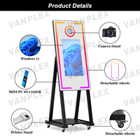Grand miroir magique pour selfie fin avec écran tactile de 21,5 ou 32 pouces et cadre LED, prêt pour l'impression photo, valise de transport incluse