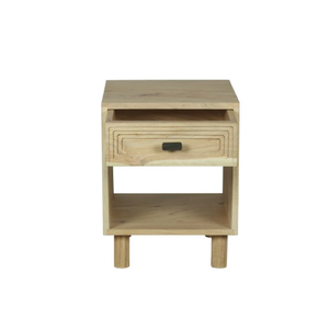 Mesita de noche con acento moderno, hecha de madera maciza de Acacia con estante de un cajón, detalles intrincados tallados, uso en dormitorio de Hospital - Product Image 4