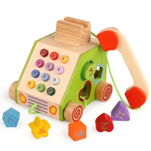 Kinderen Houten Ambacht Klassieke Tractor Retro Telefoon Vorm Matching Game Educatief Spelen Telefoon Speelgoed Voor Kinderen