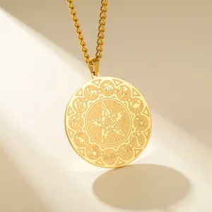 Collana in Acciaio Inossidabile con Ciondolo dei 12 Segni Zodiacali, Amuleto di Protezione Vintage Esoterico Wiccan, Set di Gioielli Pagani - Product Image 2