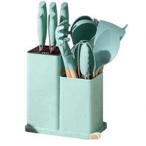 Ensemble d'ustensiles de cuisine en silicone écologique 19 pièces avec support de rangement pour couteaux couleur paille de blé - Product Image 1