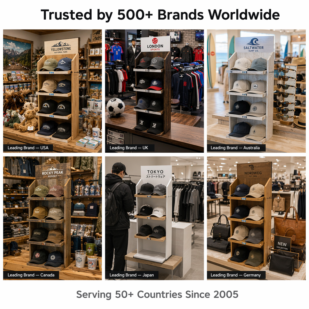 Plywood Floor Hat Display Stand 5-Tier Angled Shelves Custom Logo Header Retail Cap Rack for Clothing Boutique Souvenir Shop — view 6