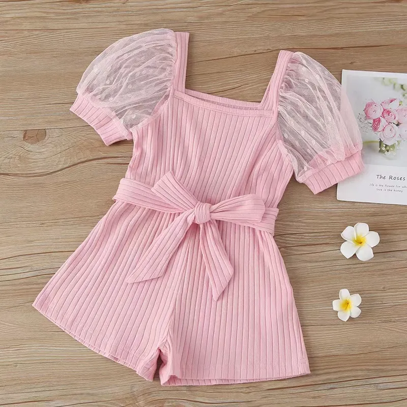 Áo Liền Quần Có Gân Vải Cotton Cho Bé Gái Áo Liền Quần Ren Mùa Hè Tay Phồng Cho Trẻ Sơ Sinh Trang Phục Thắt Lưng Quần Áo Màu Trơn Cho Bé 1-7y