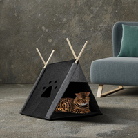 Lit pour chat en feutre gris portable avec cadre en bois, motif empreinte de patte, ouverture frontale, nid de repos pour animaux de compagnie, meuble d'intérieur pour chats