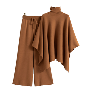 Sweter rajut wanita pola polos modis, 2 potong Set jubah kerah tinggi dan celana kaki lebar untuk musim gugur gaya kasual - Product Image 1