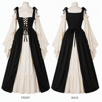 Costume de fille, robe 2 pièces, 4 couleurs, col carré smocké, manches trompette, surrobe ouverte sur le devant, cosplay pour femmes