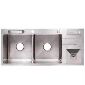 Évier de cuisine à <span class=keywords><strong>double</strong></span> cuvette <span class=keywords><strong>en</strong></span> acier inoxydable fabriqué à la main de conception moderne <span class=keywords><strong>en</strong></span> Chine avec couteau, planche à découper et poubelle - Product Image 3