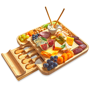 Juego de Tabla de Quesos Grande de Bambú Premium con Cuchillos de Acero Inoxidable y Logotipo Grabado con Láser, Juego de 4 Cuchillos - Product Image 1