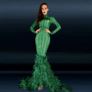 Artı boyutu yeşil elbise bayan tüy Sequins boncuk düğün elbisesi gelin kıyafeti bayanlar düğün tulum Mermaid gelinlik tulumlar