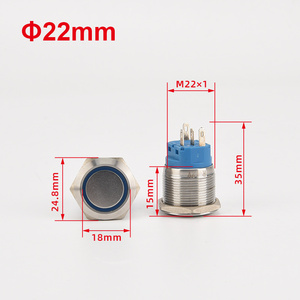Interrupteur à bouton-poussoir plat à tête haute en aluminium/acier inoxydable étanche IP65 HS 16/19/22mm avec anneau LED momentané 12-24V 250V 1NO1NC - Product Image 5