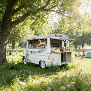 Vintage White Food Truck With Open Serving Window And Colorful Banners Parked Under Tree In Grass Field - Product Image 1