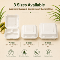 Boîte à clapet compostable en bagasse à 3 compartiments de 7 pouces, biodégradable, pour vente en gros et plats à emporter