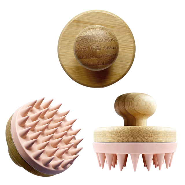New Design Bamboo Material Salon Scalp Massage Hair Care Bath Shower Shampoo Brush Soft Silicone Teeth