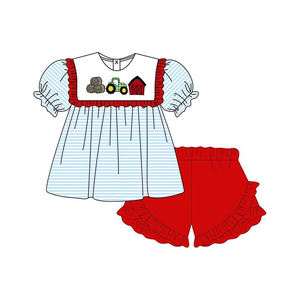 Conjunto infantil BSSO1939 personalizado para niño pequeño, con estampado de granja a rayas azules, ropa infantil al por mayor, conjunto de manga corta para niño pequeño - Product Image 5
