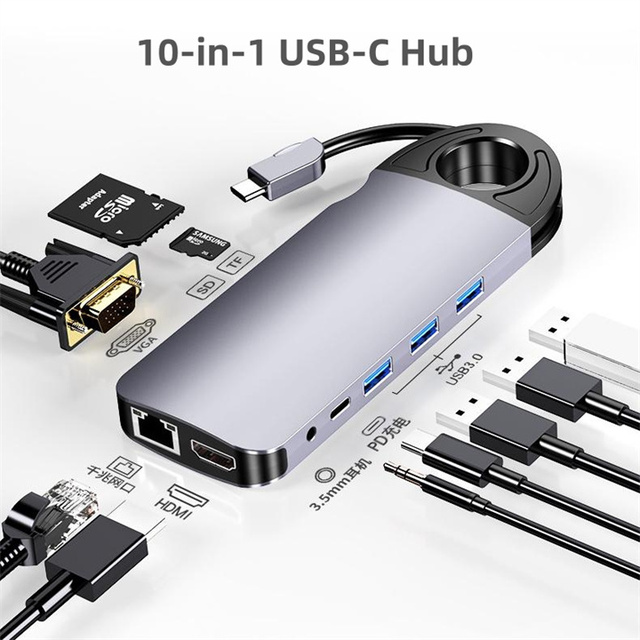 10 in 1 10Port USB-C Hub Type C Multiport Adapter Splitter USB3.0 3.5MM HDMI SD TF for MacBook Aluminium Docking Station
