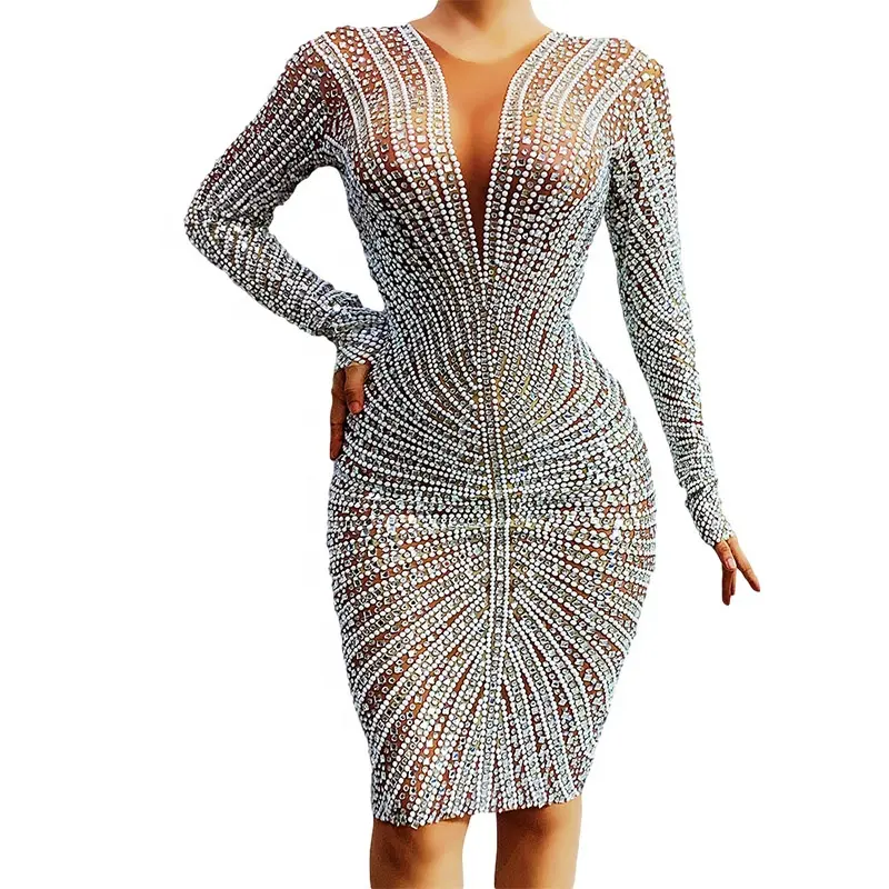 Novance 2022 New Arrivals Sparkly Diamond Pearl Dress Long Sleeve Tightshort Dress Women Birthday Celebrate Brand Evening Dress 