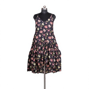 Vestido Midi sin Mangas para Mujer, Elegante, Ecológico, Transpirable, Lavable, Tejido, 100% Algodón Puro, Cuello en V, Estampado Floral, Ajustado al Cuerpo - Product Image 1