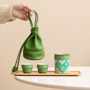 Modern Gongfu Tea <b>Set</b> with Portable Leather Bag Unique Small Ceramic <b>Teapot</b> with Stainless Steel Tea Infuser - Product Image 1