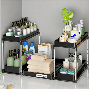 Under Sink Organizers 2 Tier Under Bathroom Cabinet Holder with Hooks & Hanging Cup, Multi-Purpose Storage Shelf for <b>Kitchen</b> - Product Image 1