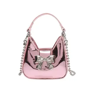 Korean mini chain 2024 spring new bow crossbody handbags women ladies leather latest college girls shoulder bags